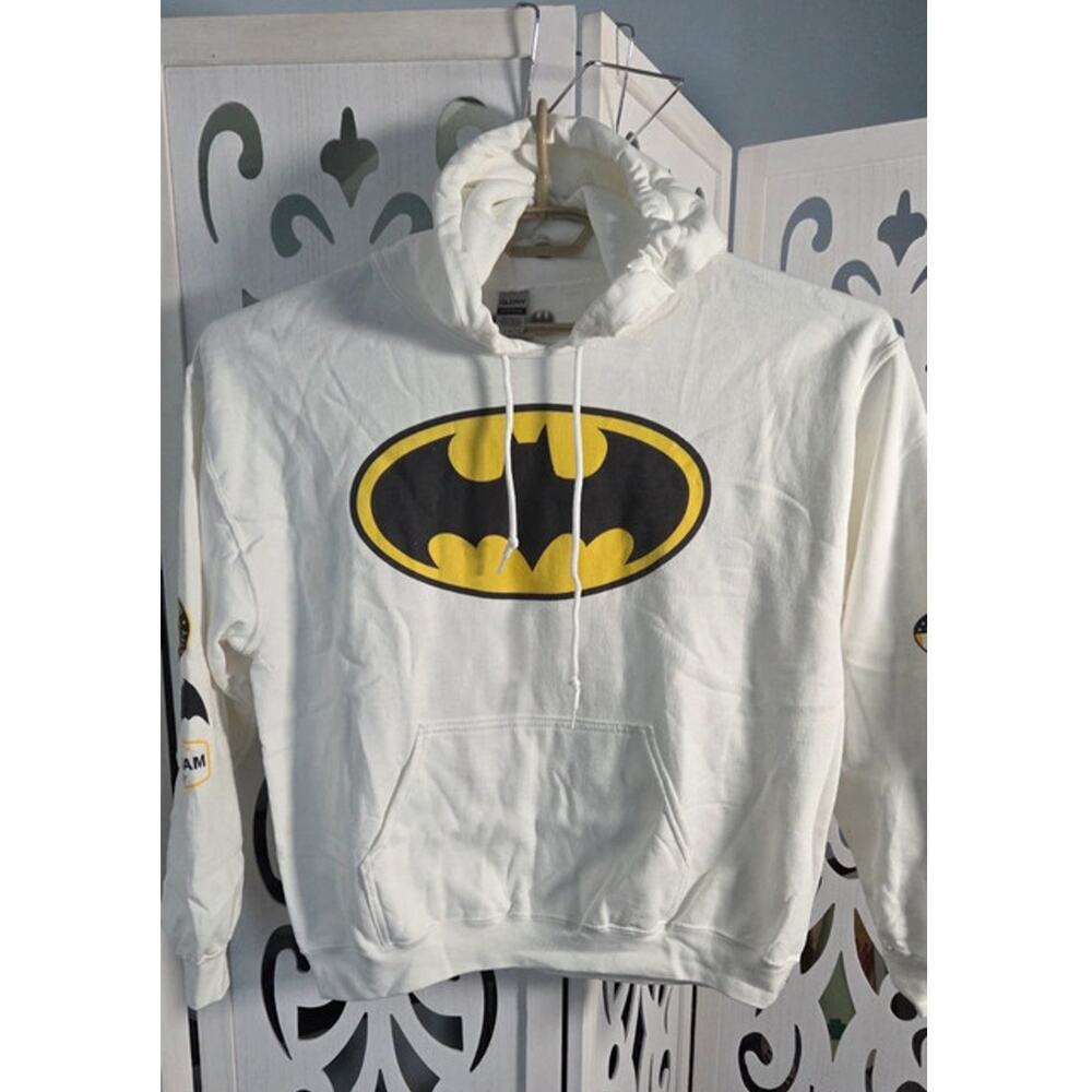 Batman Hoodie Large White DC Comics Gotham City Logo Gildan Graphic Pullover